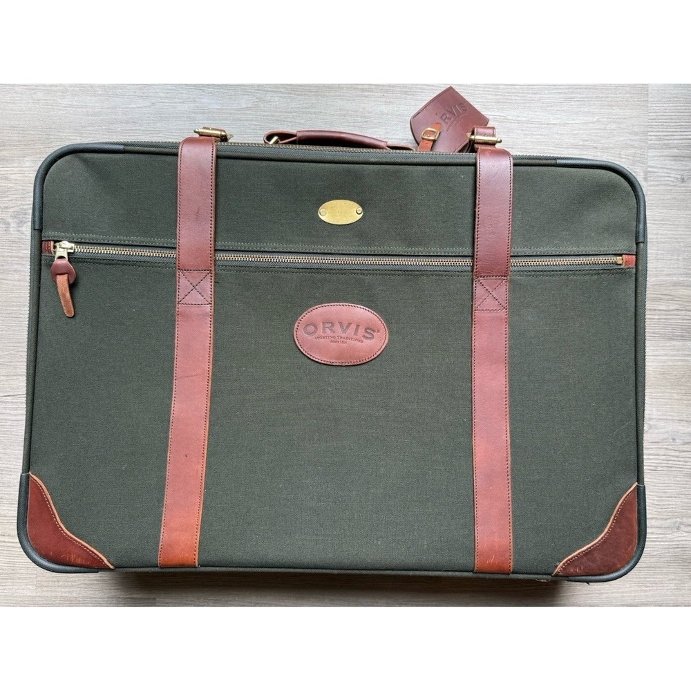 Orvis Battenkill Suitcase Unisex Large Olive Green Excellent Canvas Leather Trim